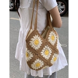 Purpdrank  Ethnic Style Sunflower Woven Bag for Women New Fashionable Tote Vacation Style Beach Bags
