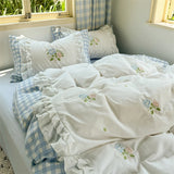 Purpdrank  Korean Princess Style Double Layer Lace Flower Embroidery 100% Cotton Bedding Set Plaid Style Duvet Covers Bed Sheet Pillowcases
