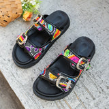 Purpdrank  Women's Summer Bohemian Style Slippers Fashion Double Buckle Platform Sandals Woman Colorful Embroider Thick Sole Beach Slides