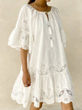 Purpdrank   White Lace Embroidered Dresses Women Summer Short Sleeve Tassle O-Neck Mini Dress Casual Loose Holiday Beach Boho Dress Vestidos