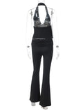 Purpdrank  Black Halter Two Piece Set Women Sexy Deep V Neck Sleeveless Backless Crop Top and Ruched Flare Pants Suits Fashion Outfit