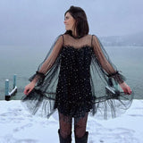 Purpdrank  Sexy Mesh See Through Mini Dress Women Shinny Sequin Flare Long Sleeve O-neck Dresses Female 2026 Spring Summer Lady Robe