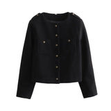 Purpdrank  Luxury Spring Autumn Bomber Jackets New Single-Button O-Neck Pocket Soft Short Tops Long-Sleeve Jacket for Women Harajuku Coats