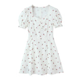 Purpdrank  Retro French Style White Floral Print Short Puff Sleeve Dress Women V neck Slim Waist A-line Mini Dresses Vestidos Holiday Robe