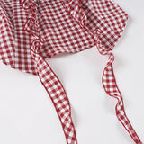 Purpdrank  Retro Red Checkered Shirt Top Women's Pleated Lace Up Bubble Sleeve Short Sleeved T-shirt