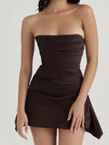Purpdrank  Sexy Solid Satin Fish bone Corset Style Ruched Chest Strapless Dress Women Hem Asymmetrical Off Shoulder Tube top Party Robe