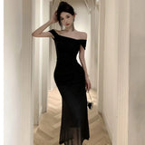 Purpdrank  Elegant Slim Fit Long Dress Summer New Style Tea Break Fish Tail Gown Square Collar Ladylike Pleated A-Line Dress