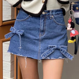 Purpdrank  Vintage High Waist Bow Denim Women's Skirts 2025 New Summer Single Button Casual Loose A-line Jeans Short Skirts Female