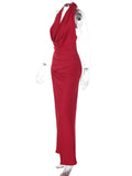 Purpdrank  New Fashion Women Halter Backless Slit Maxi Dress Solid Swinging Collar Sleeveless Slim Sexy Party Evening Elegant Outfit