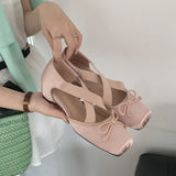 Purpdrank  Women's Elegant Pink Satin Ballet Shoes Square Toe Cross Strap Polka Dot Bow Mary Jane Shoes Inside Mid Heel Casual Pumps