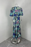 Purpdrank  Summer Elegant Women Blue Flower Print Dress Lantern Sleeve And Ankle  Slim Bodycon O-neck Pastoral Style Party Dress