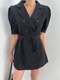 Purpdrank  Summer Vintage Double Breasted Women's Short Blazer Dresses Sashes 2025 New Short Sleeve Casual Loose Mini Dress Female