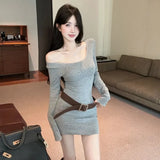 Purpdrank  Autumn Winter New Pure Desire One-shoulder Exposed Collarbone Slim Hip-hugging Dress Comes with Belt
