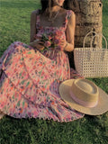 Purpdrank  Flower Printed Pleated Waist A-line Dress Sweet Beach Chiffon Fragmented Pink Strap Dresses Fashionable Cake Vestidos Fairy