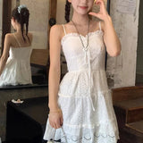 Purpdrank  Sweet Hollow Out White Mini Dress Women Retro Kawaii Ruffles Spaghetti Strap Dress Woman Ballet Style Bowknot Sleeveless Dresses
