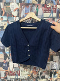 Purpdrank  Twist Flower Knitted Cropped Cardigan T-shirt Women Sexy V-neck Single Breasted Short Sleeve Tees Vintage Simple Cotton Crop Top