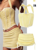 Purpdrank  Trendy Teenage Girl's Bodysuit with Waist-Cinching Strap Fibone a Top with Dstring A-Line  Skirt Faion Set