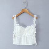 Purpdrank  White Spliced Lace Strap Open Buttons Slit Front Sexy Corset Women Summer Tank Tops Lacing up Bandage Bow Waist Crop Top