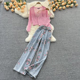 Purpdrank - Women Sweet Korean Pink Sweet 3 Pieces Set For Women Knitted Sling Vest +sunscreen+floral Print Wide Leg Denim Long Pants Suits