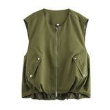 Purpdrank  Fashion Retro Round Neck Casual Solid Color Vest Women's Trend Loose Zipper Coat Sweatshirt Street Joker New