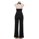 Purpdrank  Sexy Hole Drawstring Bandage Backless Women Rompers 2025 Fashion Ladies Halter Jumpsuits Straight Pant Outfit Goth Black Overall