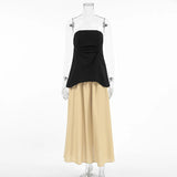 Purpdrank  Summer Elegant French Cotton and Hemp Skirt Women's High End Strapless Vest  Long Two-piece Set