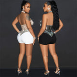 Purpdrank  Sexy Sparkly Rhinestones Mesh Rompers Womens Jumpsuit Shorts Club Outfits Halter Patchwork Sheer Cutout Bodycon Playsuit Woman