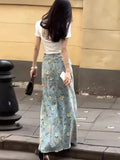 Purpdrank  Oversized American Retro Print Denim Skirt Women Spring/Summer New High Waist A-line Raw Edge Temperament Wrap Hip Long Skirts