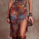 Purpdrank  Fashion Spring Print Pleated Party Dresses Woman Sexy Deep V Neck Ruffle Split Mini Dress Summer Short Sleeve Bodycon Dress