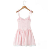 Purpdrank  Women Sexy Pink White Jacquard Floral Bow Lacing Up Sling Dress Low Waist Spliced Lace Ball Gown Mini Dresses Party Robe