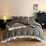 Purpdrank  Vintage Lace Ruffles Striped Plaid Floral Bedding Set Pure Cotton Double Layer Crinkle Yarn Duvet Cover Bed Sheet Pillowcases