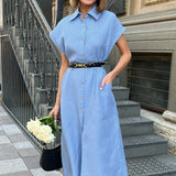 Purpdrank  Light Ripe Blue High Waisted Lace Up Dress Autumn Design Sense with A Lapel Cotton Linen Shirt Skirt and Long Skirt
