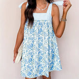 Purpdrank   New Women's Floral Print Tie Strap Mini Dress Striped Bodice Backless Babydoll Dress Casual Summer Vacation Dress