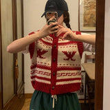 Purpdrank  Korean Ins Vintage O Neck Single breasted Sleeveless Jacquard Patchwork Loose Knitted Sweater Vest
