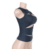 Purpdrank  Sleeveless Back Zipper Vest Clubwear Women Sexy Irregular Hollow Out Cutting Denim Crop Tank Top