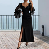 Purpdrank  Women Party Dress Autumn New Slim Fit Trumpet Sleeve Evening Dress Long Flowing Hem Flattering High-waist Holiday Dress