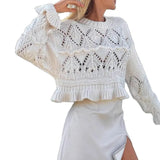 Purpdrank  White Crochet Hollow Knit Sweater round Neck Long Sleeve European American Style Fashion Top with Short Ruffle Hem