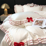 Purpdrank  Korean Style Lace Ruffles Princess Bedding Set, Duvet Cover, Bed Skirt, Fitted Sheet, Flat Sheet, Pillowcases, Black Bow, White