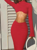 Purpdrank  Women Long Sleeve Knit Crop Top Slim Fitted Bodycon Long Skirt Set Clubwear Outfit