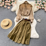 Purpdrank - Autumn Winter Women Two Piece Sets Stand Collar Puff Sleeve Ruffled Tops and Empire Slim Skirt with Belt Office Lady Suits