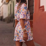 Purpdrank  Fashion Flower Print Summer Jumpsuit 2026 Sexy V-neck Short Sleeve Holiday Playsuit Women's Elegant Hollow Lace-Up Party Romper