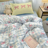 Purpdrank  Bowknot Bedding Set Ins Girl Plaid Washed Dormitory Bed Sheet Quilt Cover Student Dormitory Three-piece Set