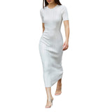 Purpdrank  Women Elegant Slim Bodycon Midi Party Dress Short Sleeve Solid Cable Knit Dress