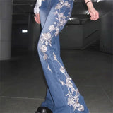 Purpdrank  American Retro High Street Rose Embroidered Micro Flared Jeans For Summer New Style Spicy Girl Elastic Tight Wide Leg Pants