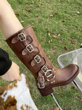 Purpdrank  Brown Belt Bule Western Boots Women's Spring Summer Retro over Knee Long Boots  Boots Casual High Top Faion Boots