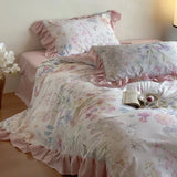 Purpdrank  4Pcs Lyocell Soft Silky Cooling Summer Bedding Set Rose Floral Prints Ruffles Duvet Cover Set Bed Sheet/Fitted Sheet Pillowcases