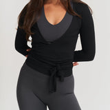 Purpdrank  Women Ballet Wrap Tops Bow Tie Front Long Sleeve Wrap V Neck Workout Shirts Slim Fit Pilates Wrap T-shirts Tees