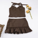 Purpdrank  Sexy Slim Lace Trim Dress Sets Sweet Solid 2 Piece Sets Halter Tops Mid-Waisted Mini Skirts Women Summer Fashion Ladies
