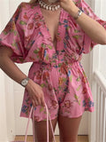 Purpdrank  Women Deep V-Neck Loose Rompers Floral Print Short Puff Sleeve Summer Jumpsuits High Waist Playsuits Streetwear