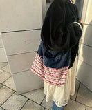 Purpdrank  Splicing Denim Versatile Large Capacity Tote Bag Plate Flower Three-dimensional Embroidery Large Bags